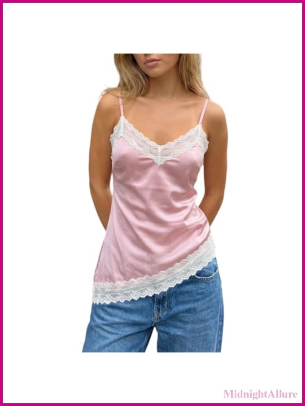 Satin Lace Trim Tank Top Backless V-Neck Camisole Women's Sleeveless